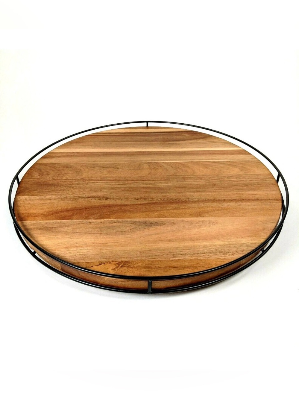 Hearth & Hand 18” Round Acacia Wood and Black Metal Lazy Susan Serving Tray NWT